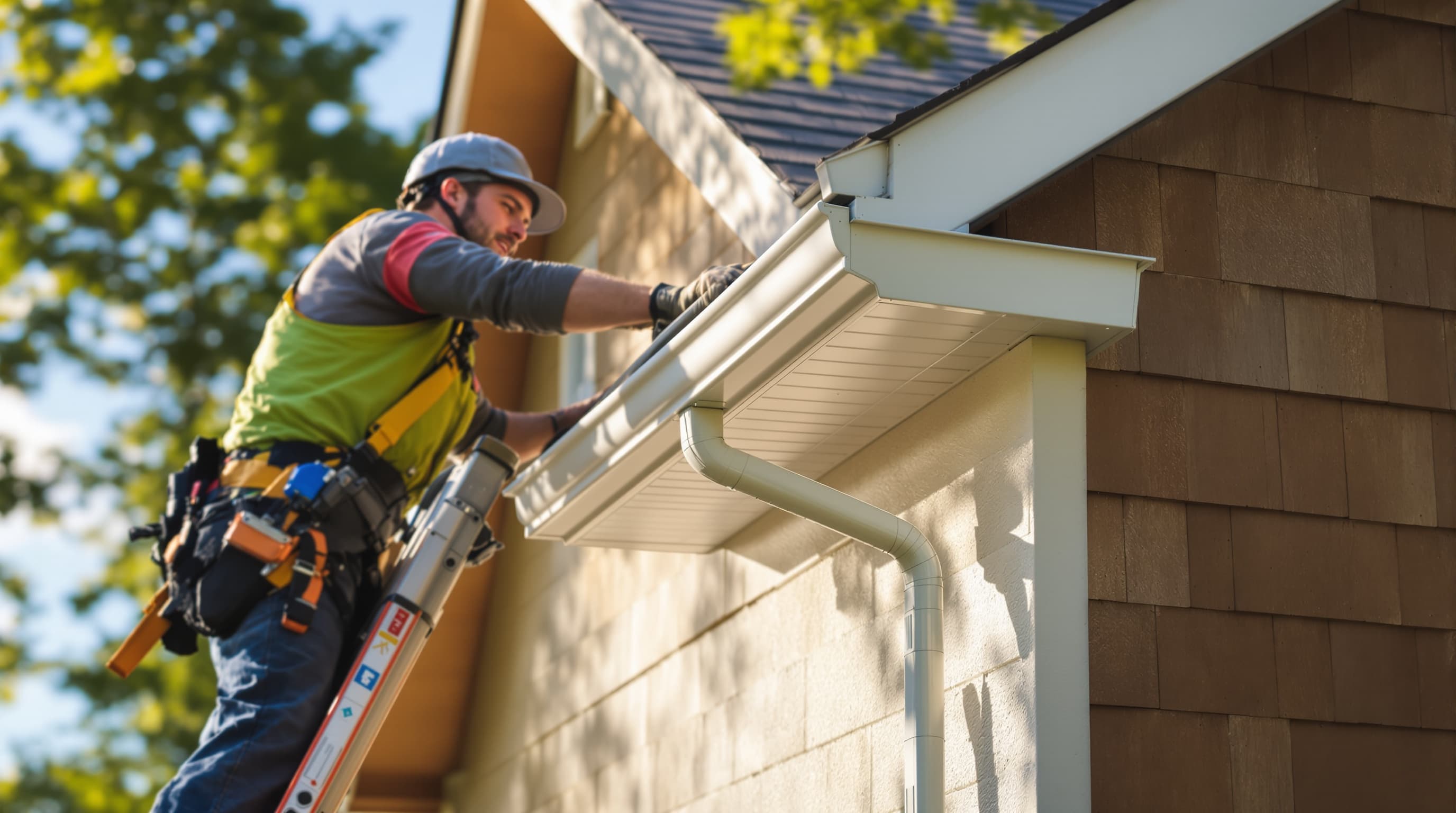Seamless aluminum gutter installation on a Long Island colonial home